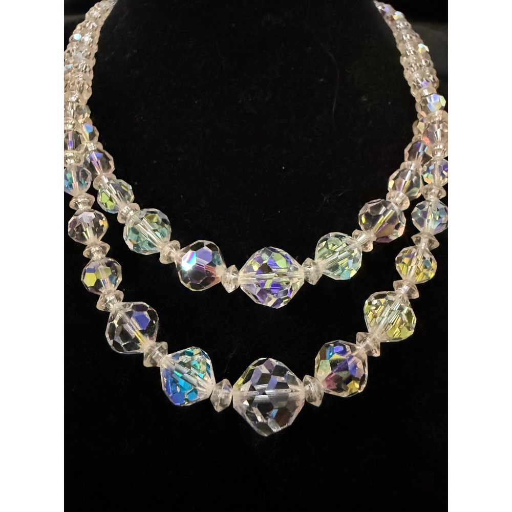 Vintage Double Strand Aurora Borealis Crystal Glass Bead Graduated Necklace 16"